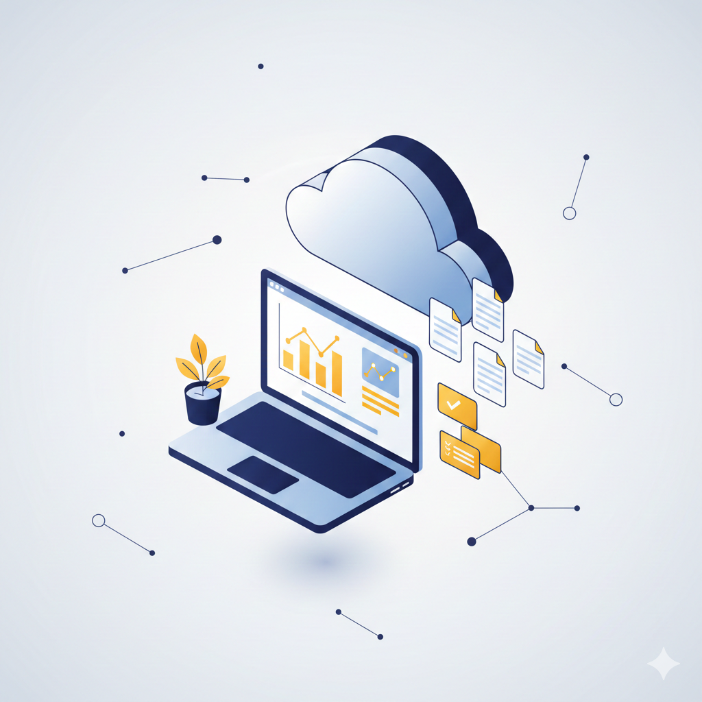 Digitalno računovodstvo v oblaku - laptop z grafi in dokumenti